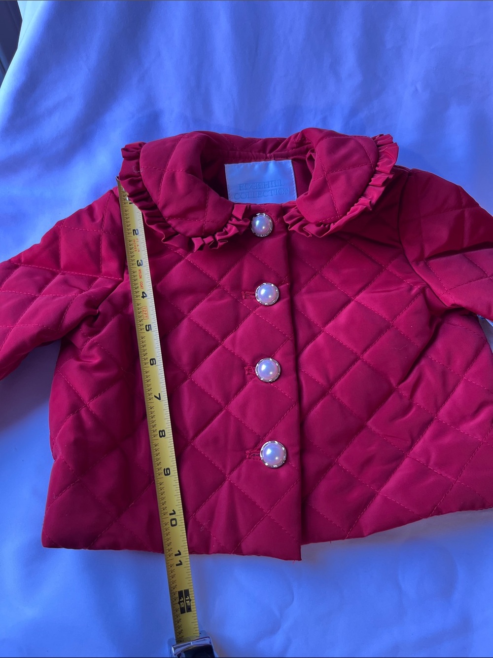 Edgehill Collection Red Quilted Jacket with Ruffle Collar and Pearl Buttons - Picture 9 of 12